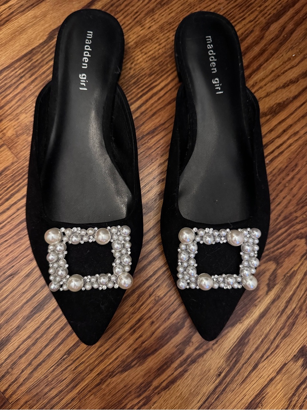 Madden Girl Black Pearl & Rhinestone Pointed Toe Slip-On Mules